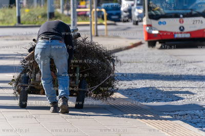 Siedlce. Mężczyzna ciągnie wózek ze złomem. 01.10.2024...