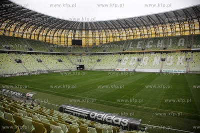 Napis Lechia Gdansk na stadionie pilkarskim PGE Arena...