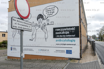Na elewacji budynku przy ulicy Grunwaldzkiej w Pruszczu...