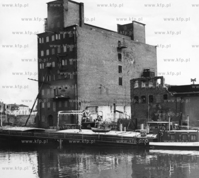 Rozladunek barki ze zbozem przy elewatorze na Wyspie...