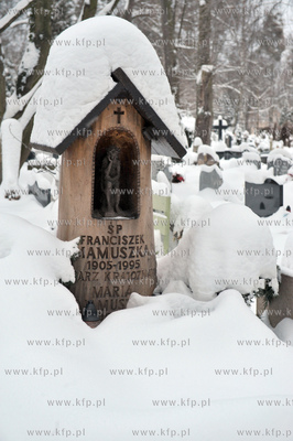 Zasniezony cmentarz w Oliwie. Nz. Grob Franciszka Mamuszki...