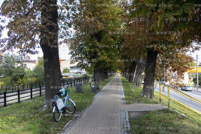 Rower systemu metropolitarnego Mevo stojący na ścieżce...