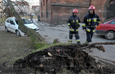 Gdansk. Strazacy usuwaja drzewo, ktore w winiku wichury...