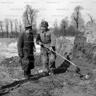 Saper przy pomocy wykrywacza sprawdza teren w celu...