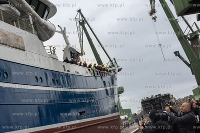 Gdańsk. Wodowanie statku rybackiego Hákon w Karstensen...