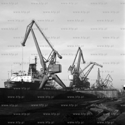 Dzwigi portowe w porcie gdyńskim. Przy nabrzeżu cumuje...