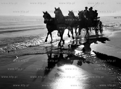 Konna bryczka na plazy w Sopocie. 04.10.1973 1 pazdziernik...