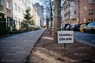 Gdynia. Tabliczki Szanuj Zielen wystawione na ulicy...