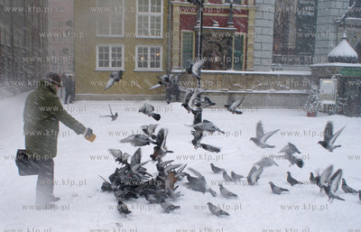 Zima dotarla do Gdanska. Nz. Jeden z przechodniow zlitowal...