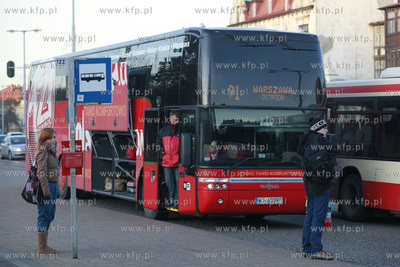 Polski Bus na przystanku w Gdansku Oliwie. Autobus...