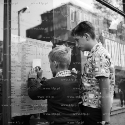 Młodzież szkolna przed witryną sklepową spisują...