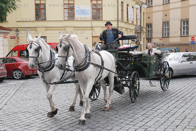 Praga (Czechy). Nz. Dorozka w ktorej turysci za oplata...