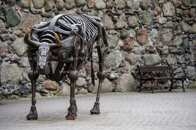 Chojnice. Metalowa statua tura stojaqcego pod Brama...