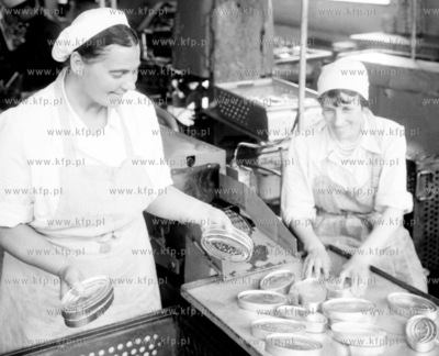 Kobiety pracujace w wytworni konserw rybnych na Pomorzu....