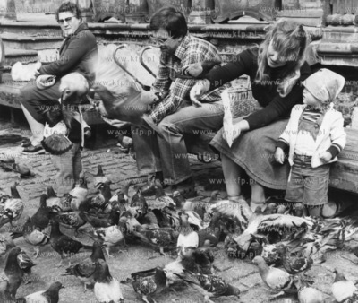 Karmienie gdanskich golebi na Dlugim Targu. 08.1987...