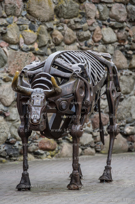 Chojnice. Metalowa statua tura stojaqcego pod Brama...