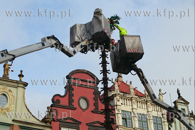 Montaz sztucznej choinki na Dlugim Targu w Gdansku....