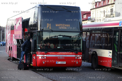 Polski Bus na przystanku w Gdansku Oliwie. Autobus...