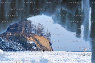 Zasniezona plaza w Gdyni Orlowie. Na drugim planie...