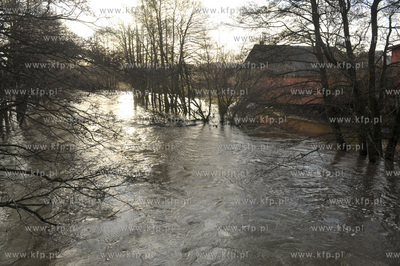 Wezbrana po odwilzy i deszczach rzeka Radunia w Lniskach...