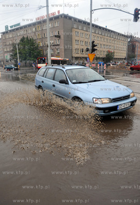Gdansk podczas ulewy. Nz zalane skrzyzowanie 3 Maja...