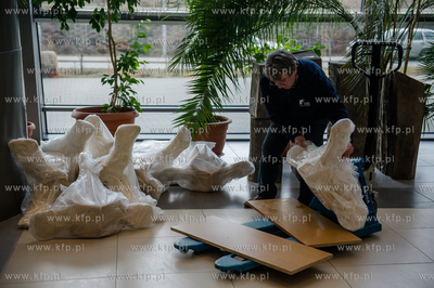 Gdansk. Uniwersytet Gdanski. Rozladunek szkieletu pletwala...