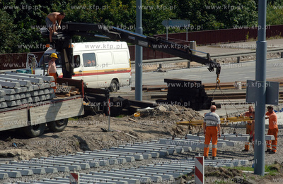 Gdansk. Budowa torowiska na pocztaku ul. Armii Krajowej,...
