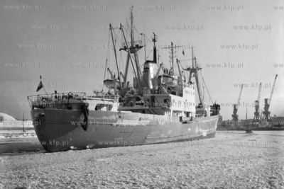 Statek Jasło wypływa z zamarzniętego akwenu portu...