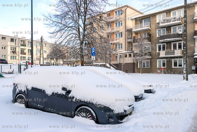 Zaśnieżone samochody stojące na parkingu przy ulicy...