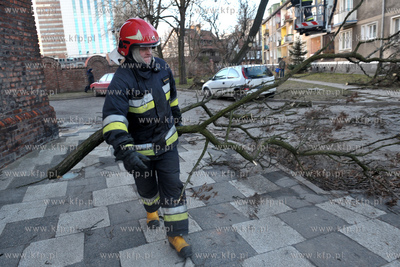 Gdansk. Strazacy usuwaja drzewo, ktore w winiku wichury...
