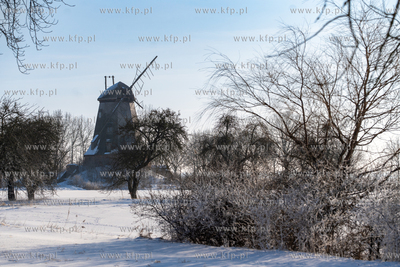 Zima na Żuławach. Wiatrak holenderski w Palczewie....