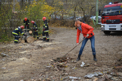 Strazacy usuwaja przewrucone przez wichure drzewo w...