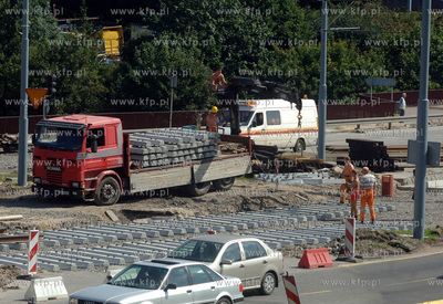 Gdansk. Budowa torowiska na pocztaku ul. Armii Krajowej,...