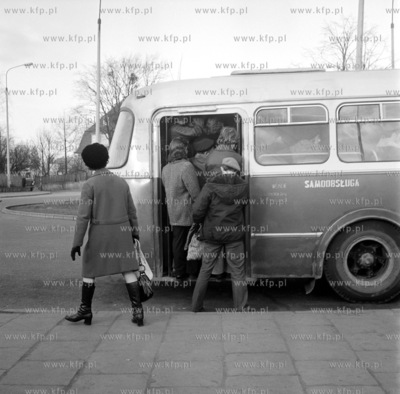 Pasazerowie probuja dostac się do autobusu miejskiego...