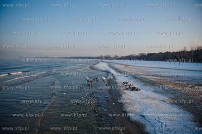 Gdansk. Mrozne popoludnie na plazy w Brzeznie. Niskie...
