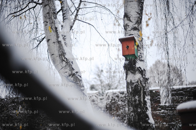 Pierwszy powazny snieg na ulicach Gdanska. Nz. budka...