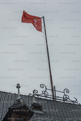 Strażacy zawieszają flagę gdańska na siedzibie...