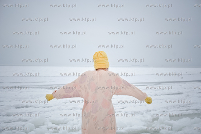 Kapiel gdanskich morsow na skutej lodem plazy w Jelitkowie....