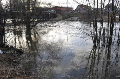 Wezbrana po odwilzy i deszczach rzeka Radunia w Lniskach...